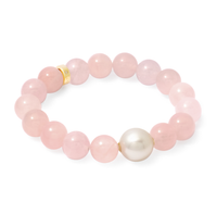 Beaded bracelet with pink beads and white pearl on a white background