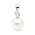 This classic 18K white gold pendant features a 11mm South Sea pearl in an NL1 shape, with a B-grade white pearl. It is accented by a bezel-set 0.06ct diamond. The pendant's total height, including the bail and pearl, is 22mm. This design is available in 18K white, yellow, and rose gold, with chains sold separately.