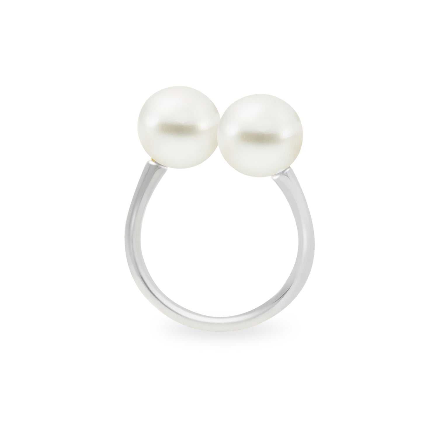 An 18K white gold ring with two white South Sea pearls set parallel to each other on the top.