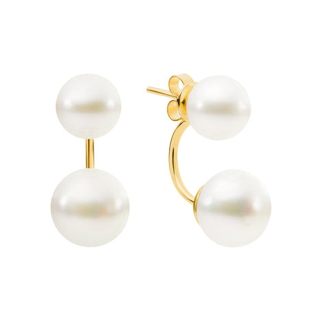 These Double Pearl Stud Earrings in 9K Yellow Gold feature South Sea pearls in two sizes (8mm & 10mm) for a refined look. The earrings combine round, semi-round, and baroque shapes, offering a unique design that adds timeless sophistication to any outfit. The pristine white pearls enhance their elegance, making them perfect for any occasion.