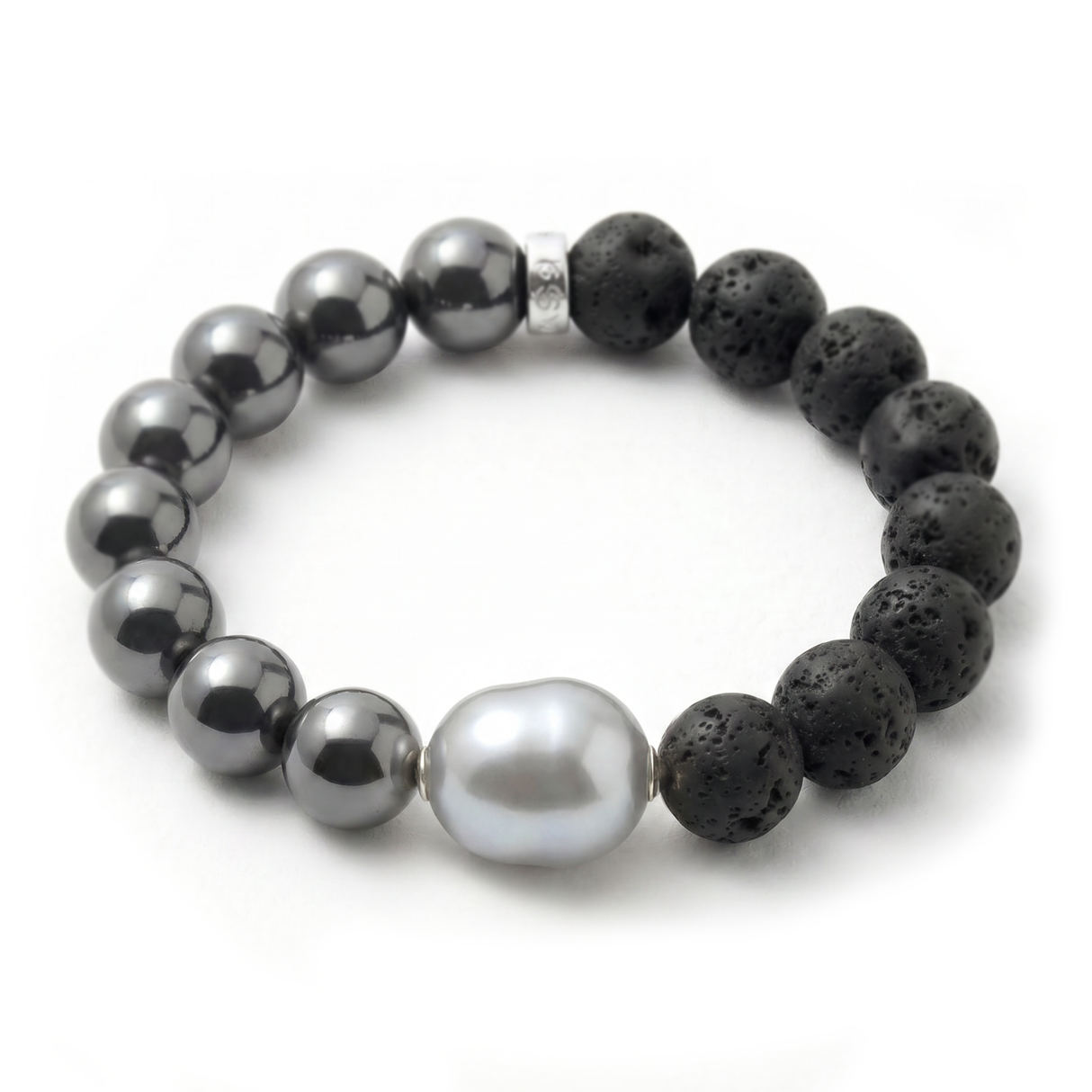 Hematite Grey and Black Volcanic Beaded Bracelet 9K WG
