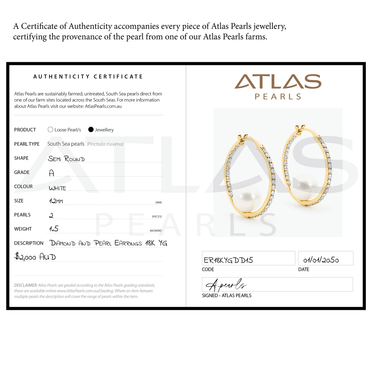 Atlas Pearls authenticity certificate with pearl earrings on a white background
